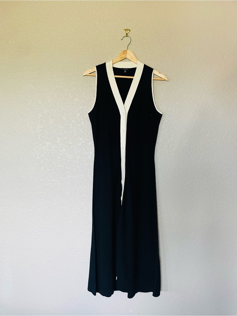 Talbots Black & White Button Front Ribbed Knit Midi Dress